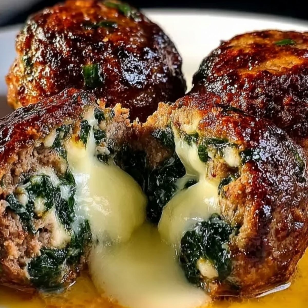 Cheddar-Stuffed Meatballs with Spinach and Garlic Sauce