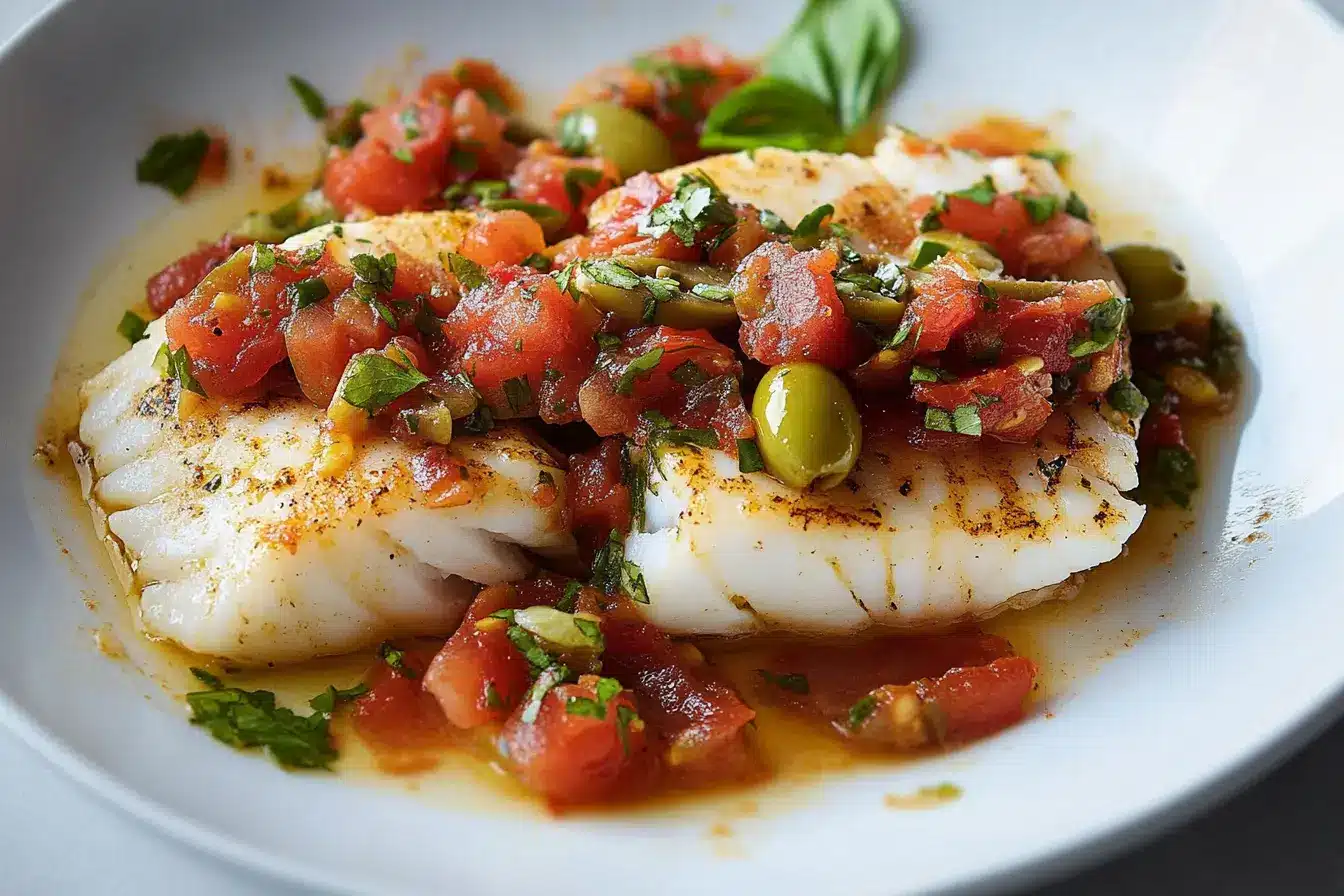 Baked Cod with Tomato-Olive Mediterranean Salsa
