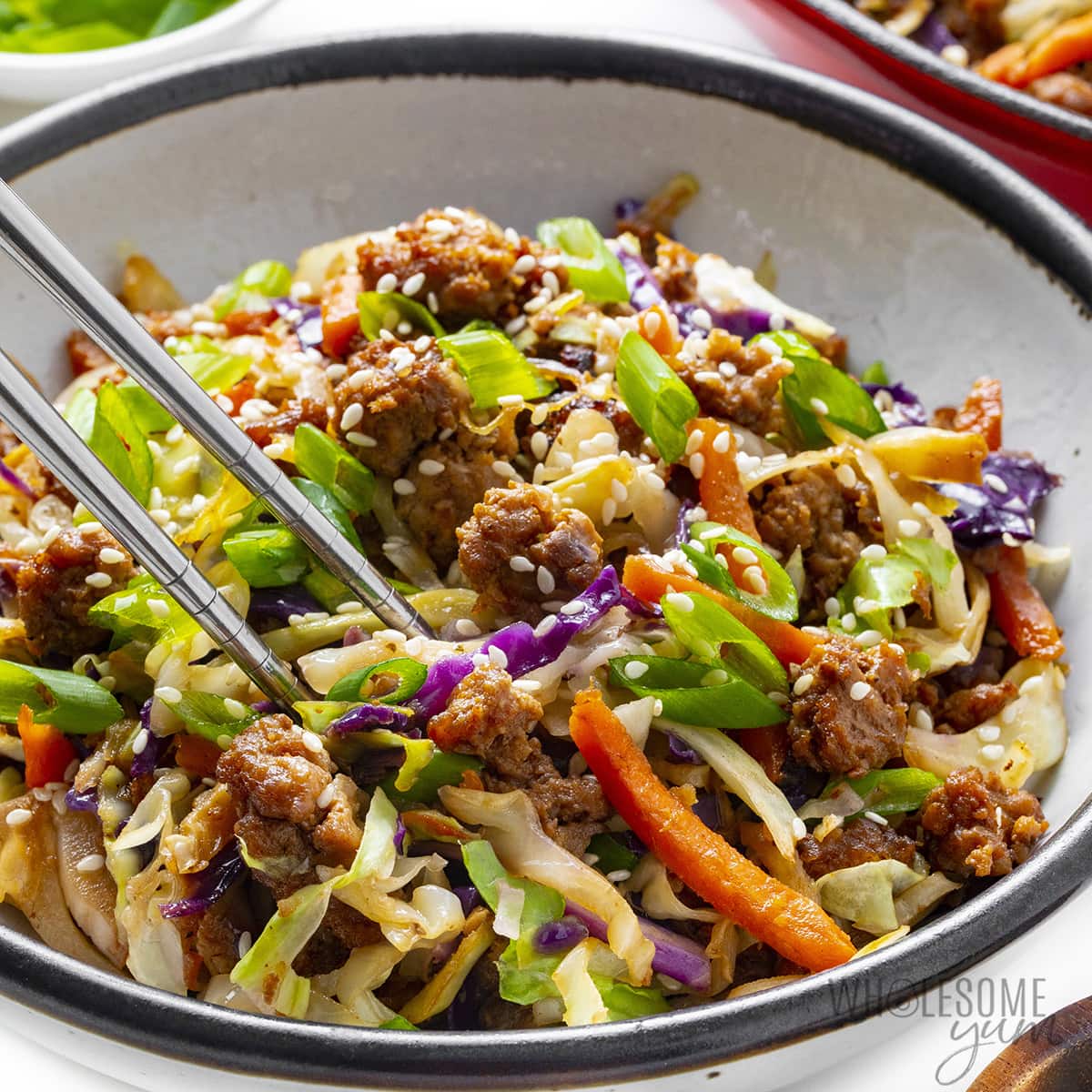 Skillet Sautéed Keto Eggroll Bowl with Ground Pork and Cabbage