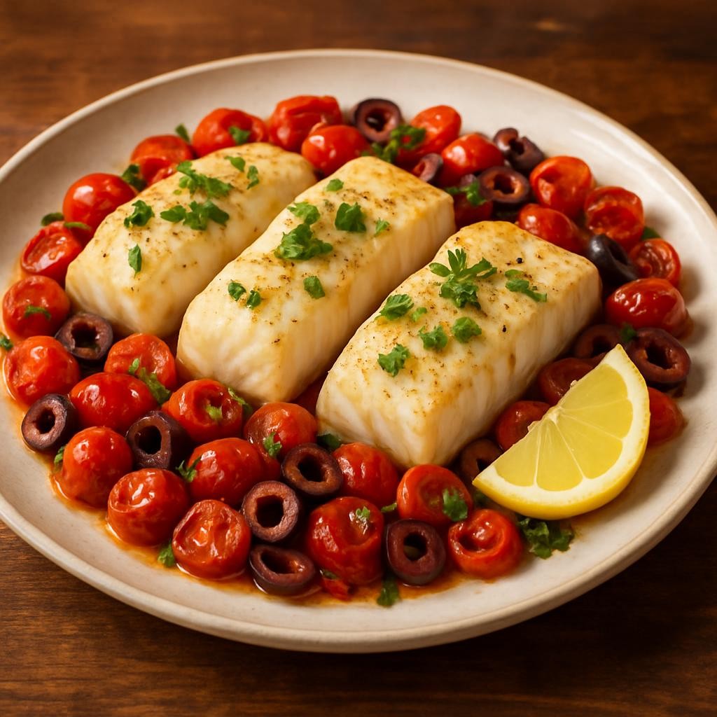 Baked Cod with Citrus-Herb EVOO Sauce and Mediterranean Olives