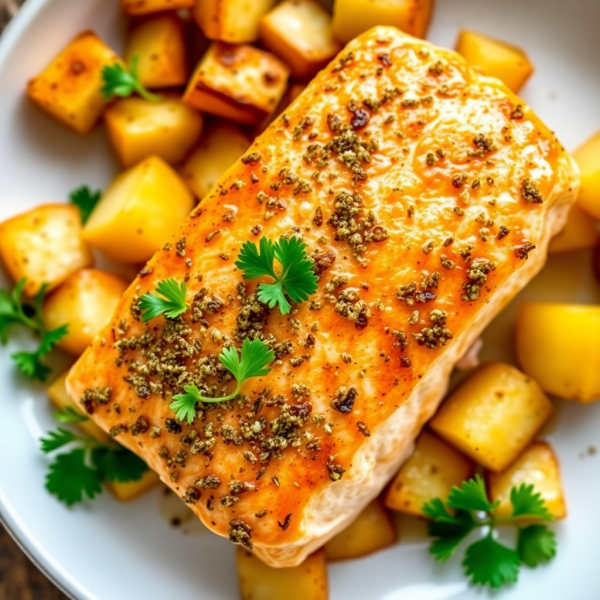 Baked Herb-Crusted Salmon with Roasted Garlic Potatoes
