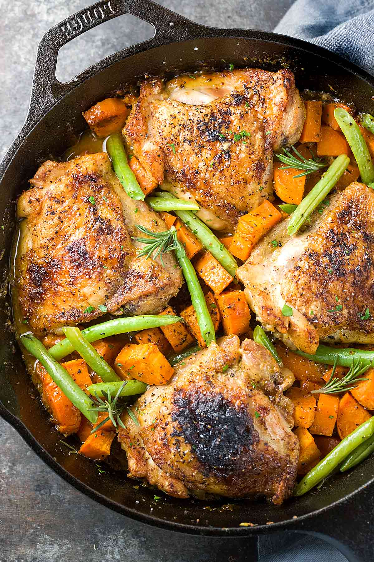 Pan-Seared Chicken Thighs with Roasted Sweet Potatoes and Green Beans