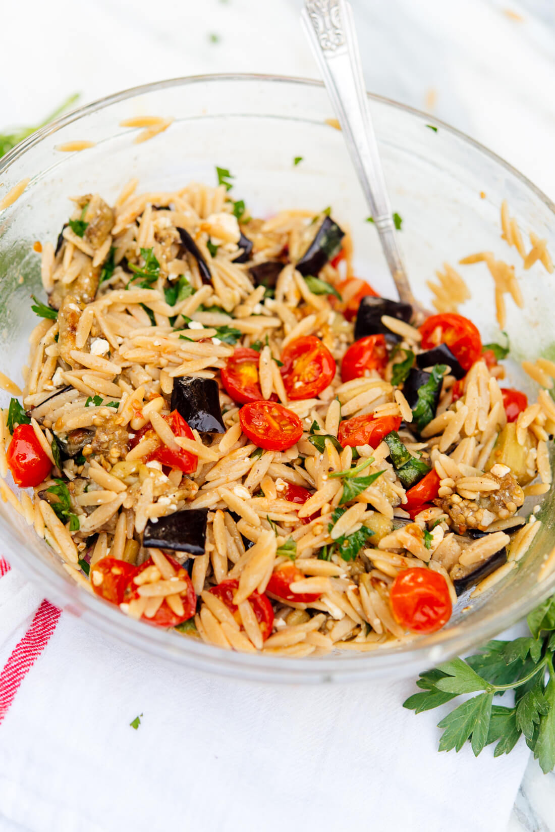 Roasted Eggplant & Tomato Orzo Bowl with Mint