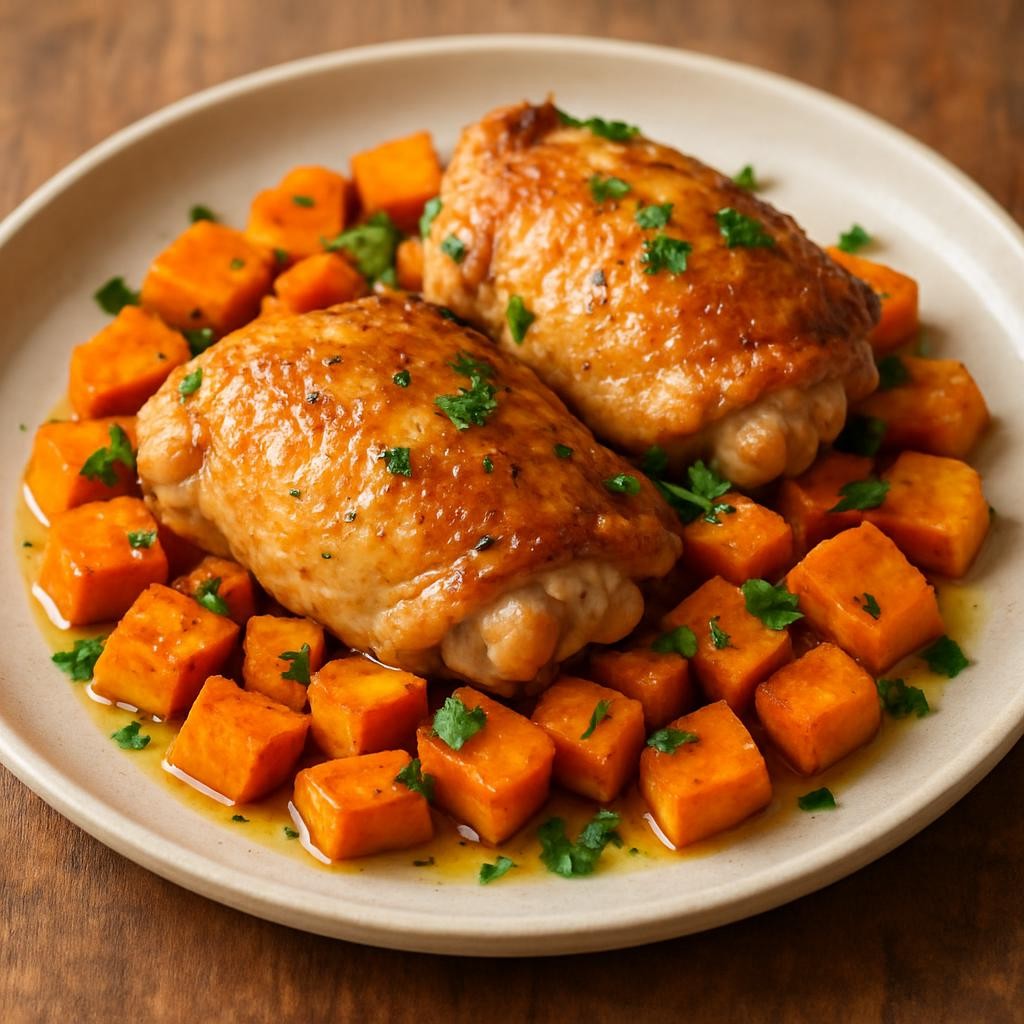Pan-Seared Chicken Thighs with Roasted Sweet Potatoes and Garlicky Spinach