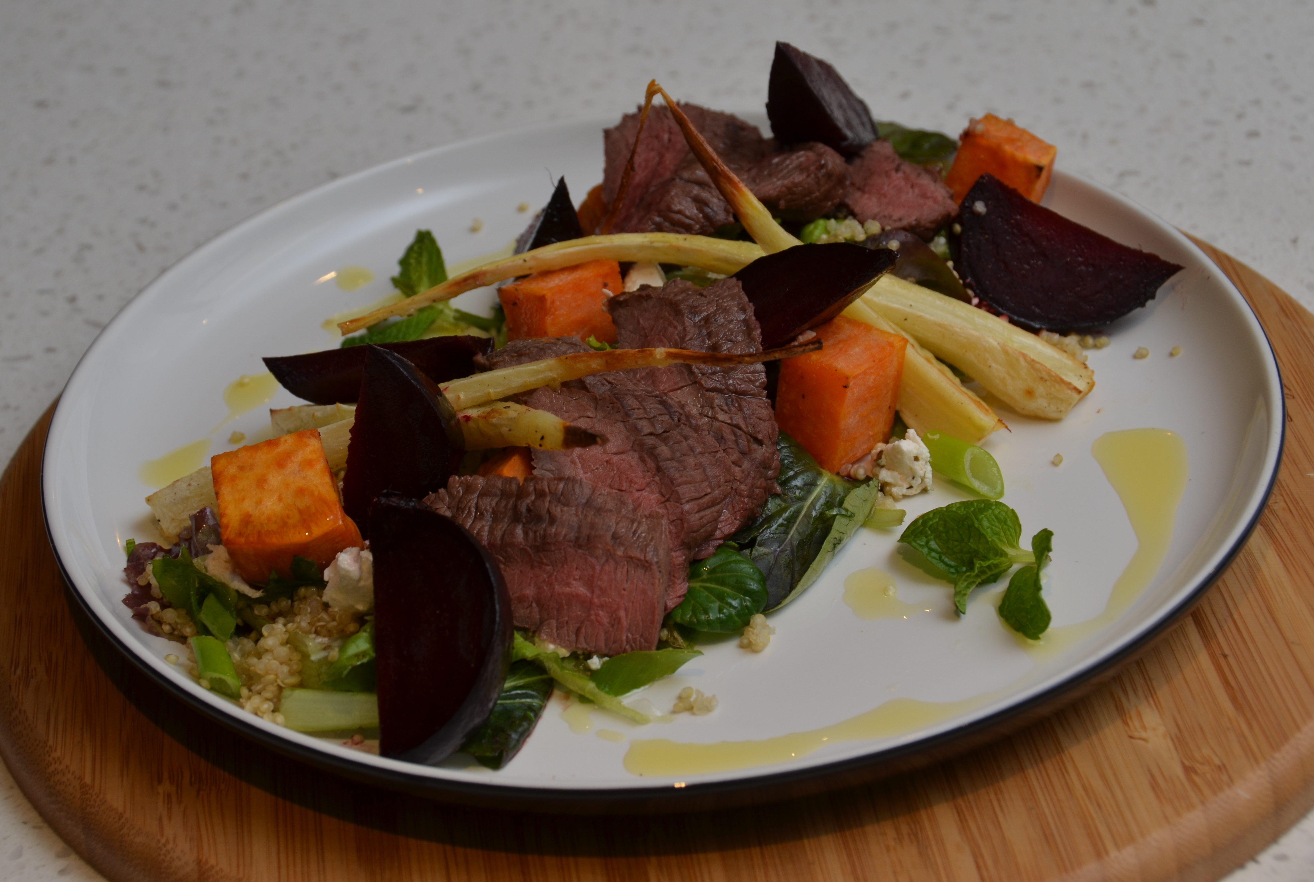 Pan-Fried Kangaroo Steaks with Pepperberry Jus and Roasted Vegetables