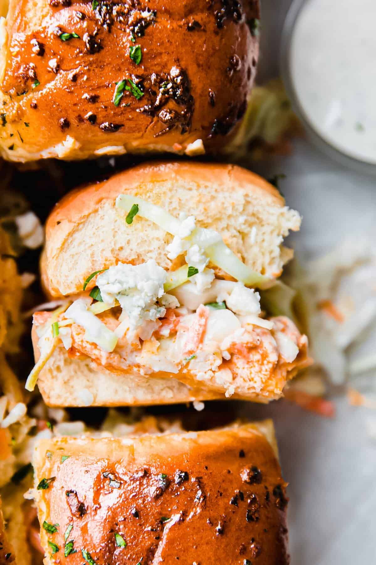 Game Day Spicy Buffalo Chicken Sliders with Blue Cheese Slaw
