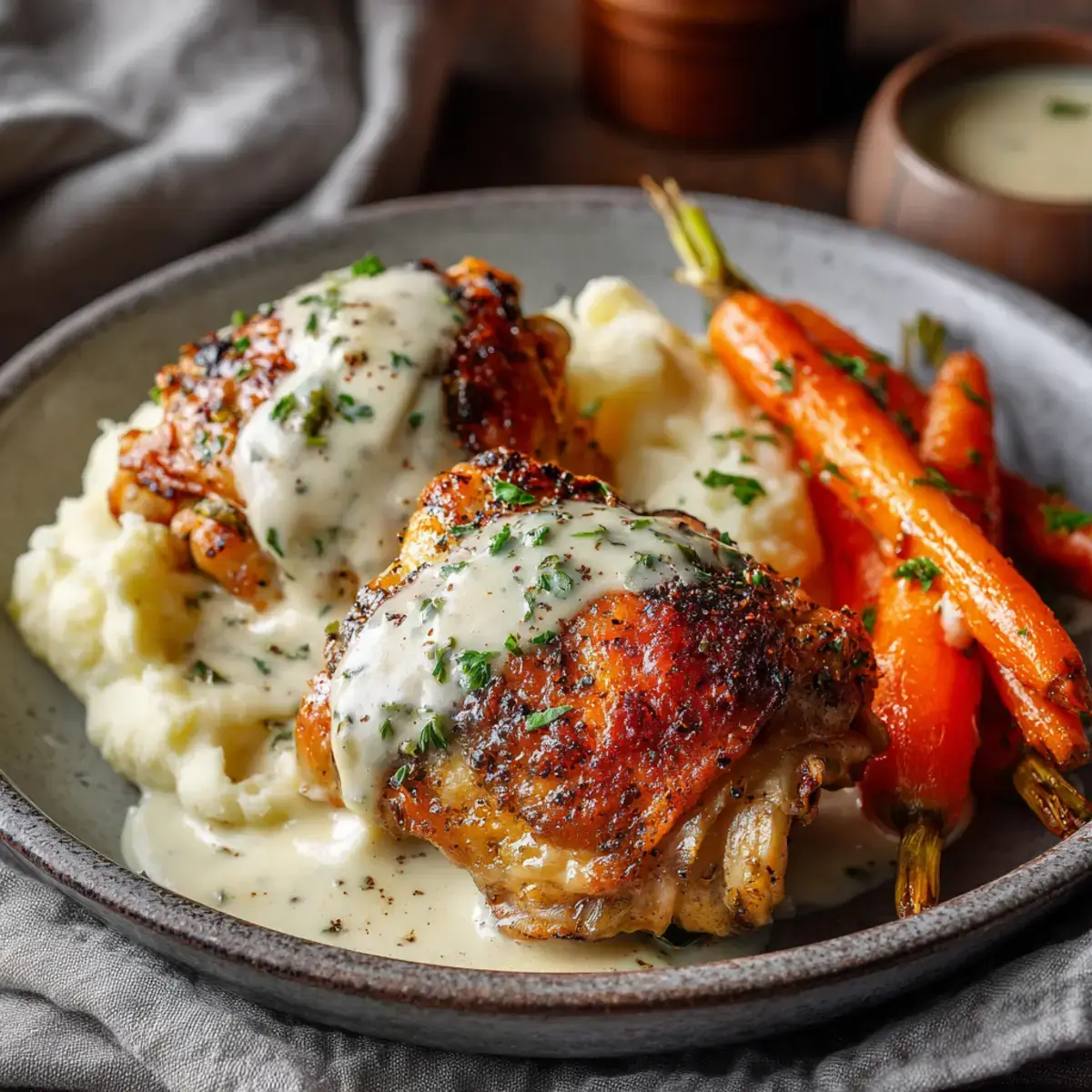 Pan-Roasted Herb-Crusted Chicken Thighs with Garlic Mashed Potatoes