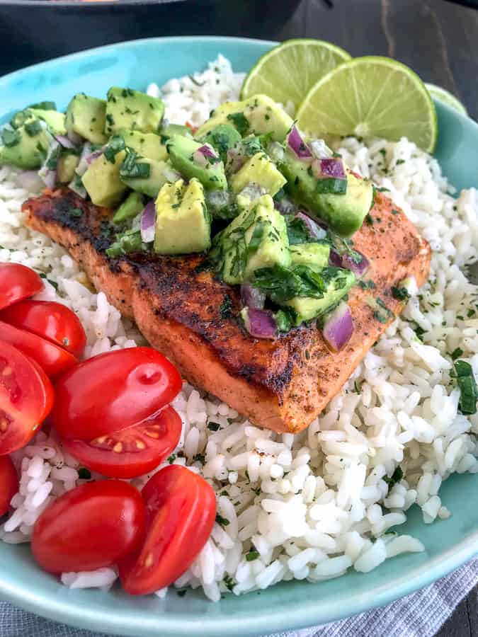 Pan-Seared Salmon with Cilantro Lime Rice and Avocado Salsa