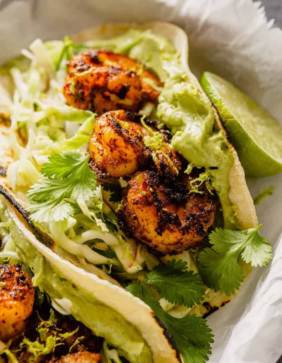 Roasted Shrimp and Avocado Tacos with Cilantro Lime Slaw