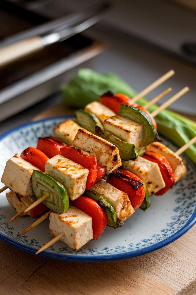 Sesame-Glazed Tofu Skewers with Roasted Seasonal Veggies