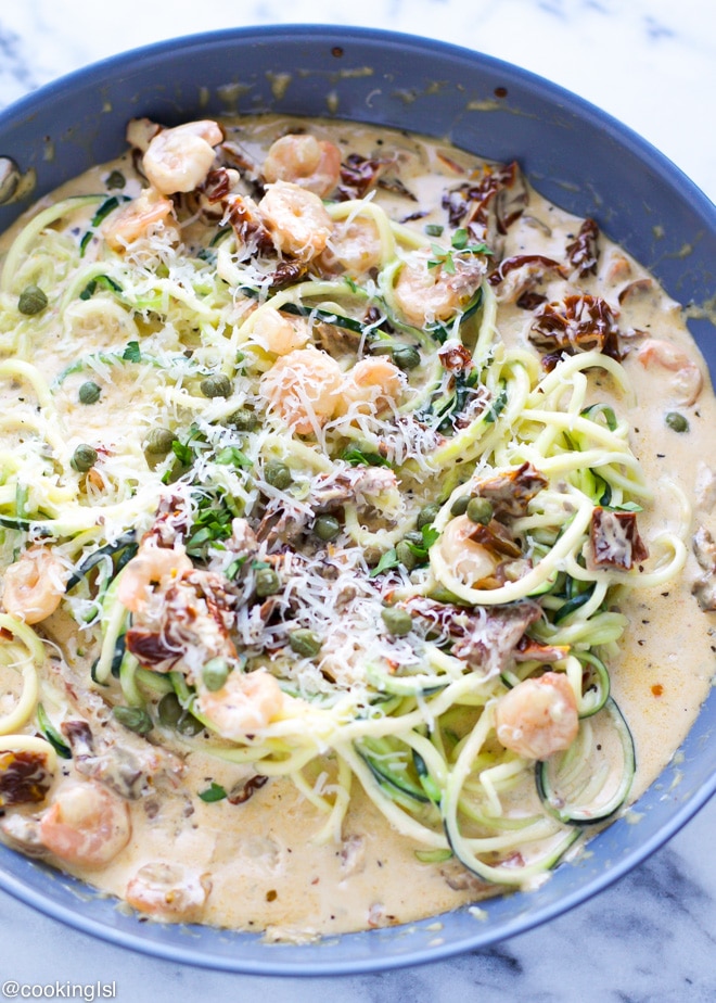 Sautéed Shrimp with Zucchini Noodles and Sun-Dried Tomato Sauce