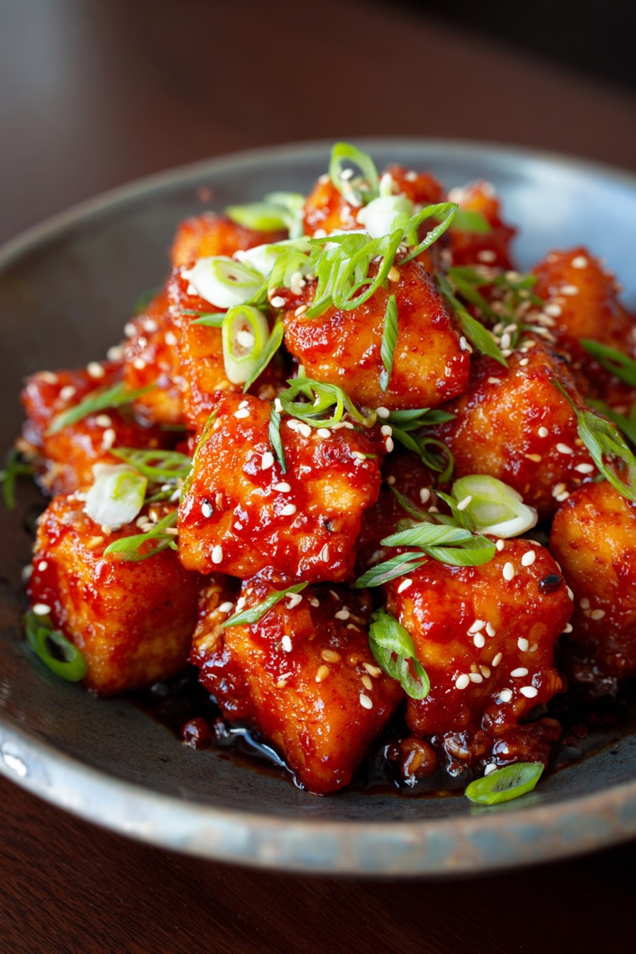 Crisp Pan-Fried Korean Tofu with Gochujang Glaze