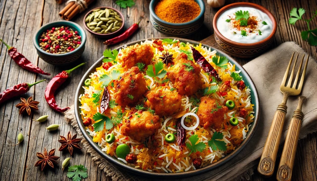 Pan-Seared Chicken 65 with Spiced Biryani Rice