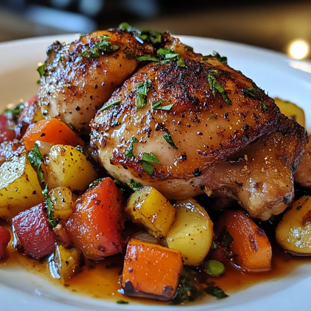 Pan-Seared Chicken Thighs with Garlic-Rosemary Roasted Vegetables