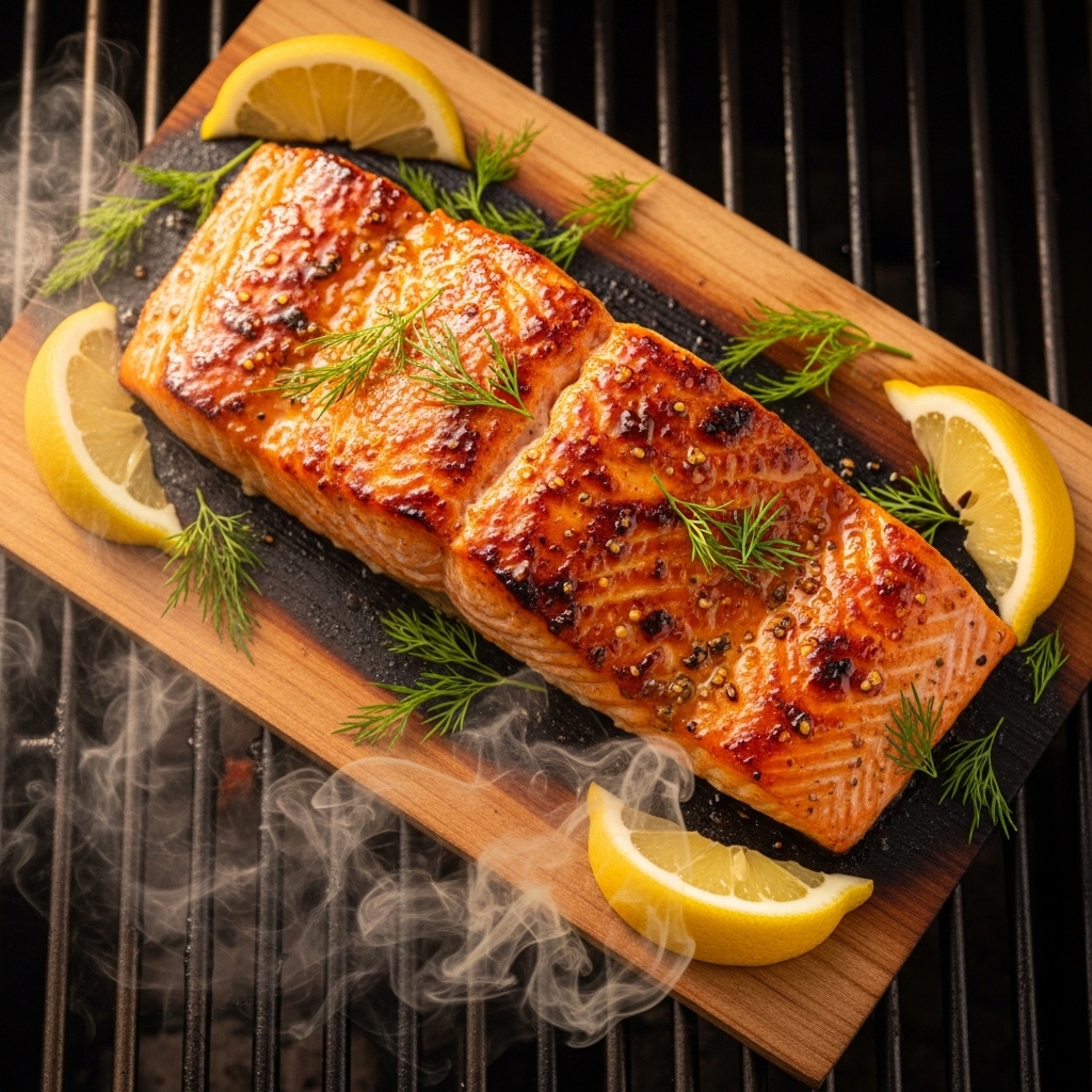Maple-Glazed Cedar Plank Salmon with Grilled Asparagus