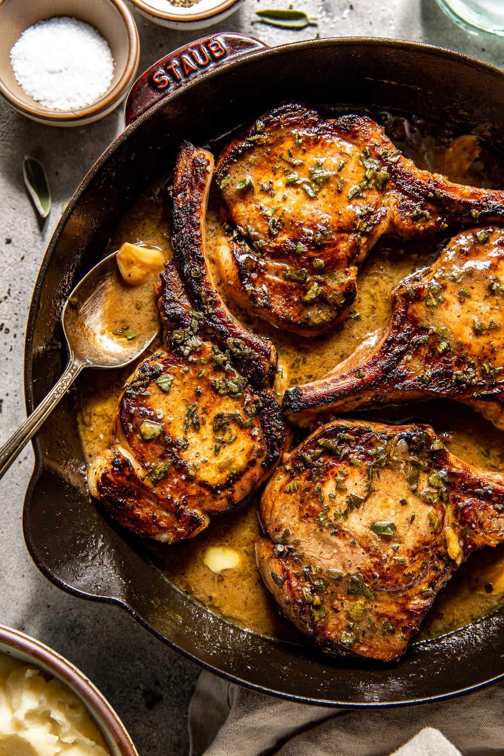 Pan-Seared Pork Chops with Apple Cider Pan Sauce and Sautéed Green Beans