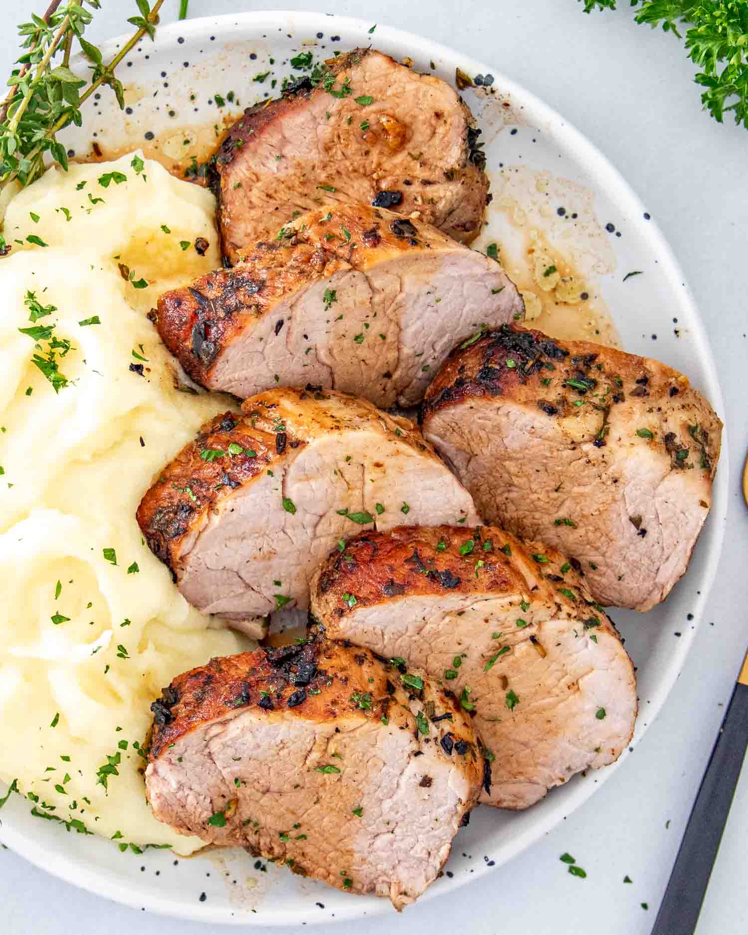 Oven-Roasted Herb-Crusted Pork Loin with Garlic Mashed Potatoes
