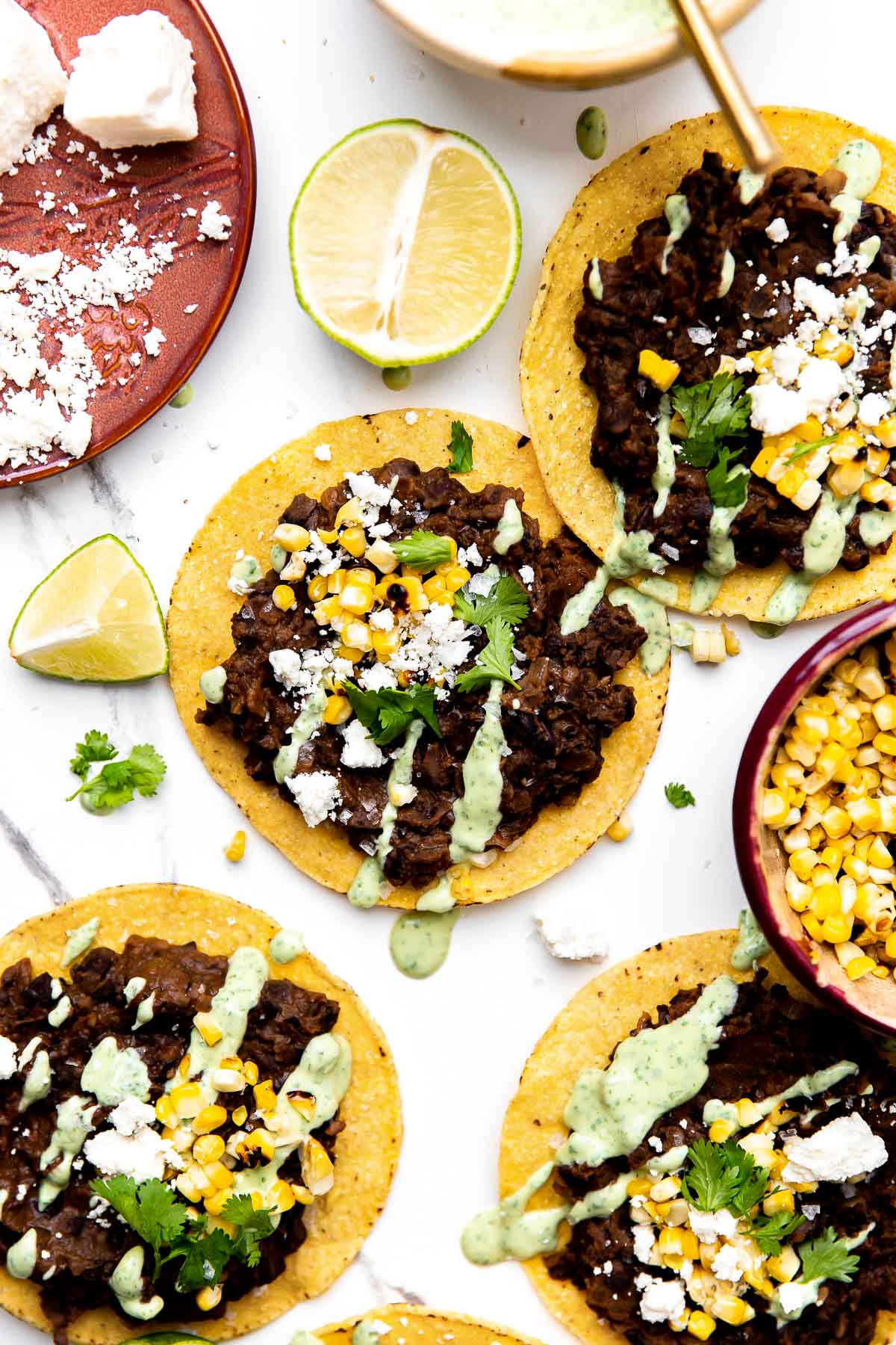 Charred Plantain and Black Bean Tostadas with Lime Crema