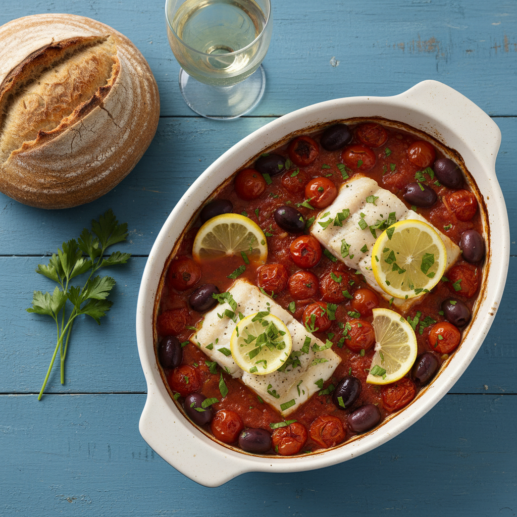 Baked Cod with Tomato-Olive Relish and Garlic Green Beans