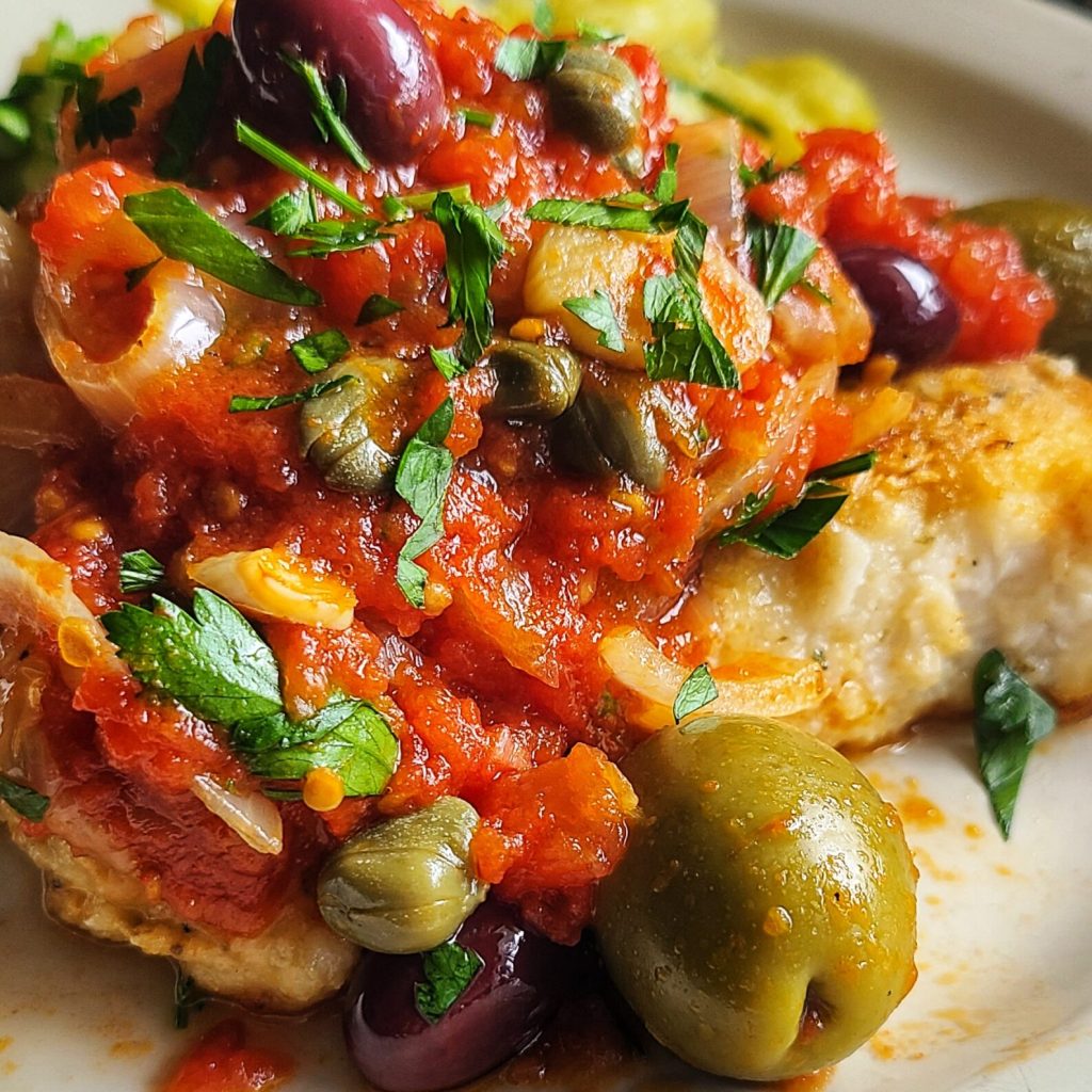 Pan-Seared Sea Bass with Tomato-Caper Olive Salsa