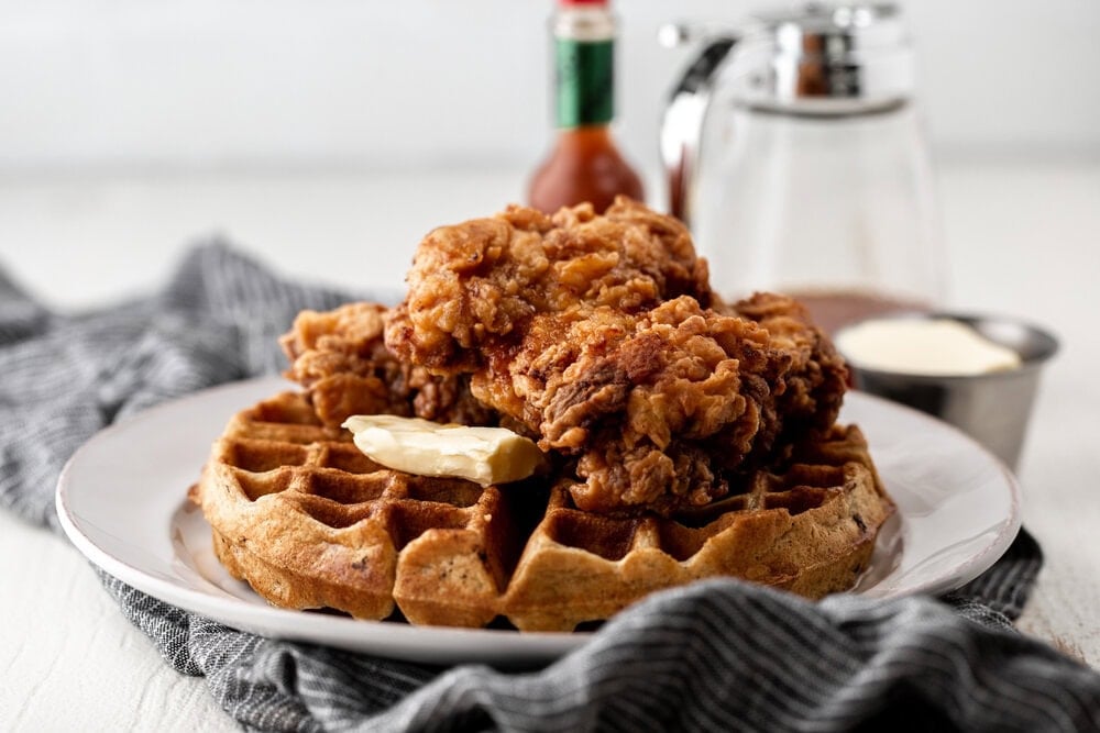 Waffle and Fried Chicken Plate with Maple Hot Sauce