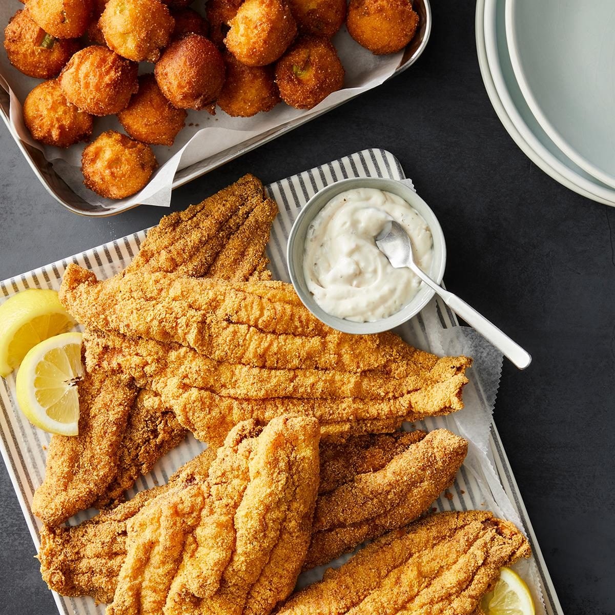 Pan-Fried Catfish with Creamy Hush Puppy and Tangy Slaw