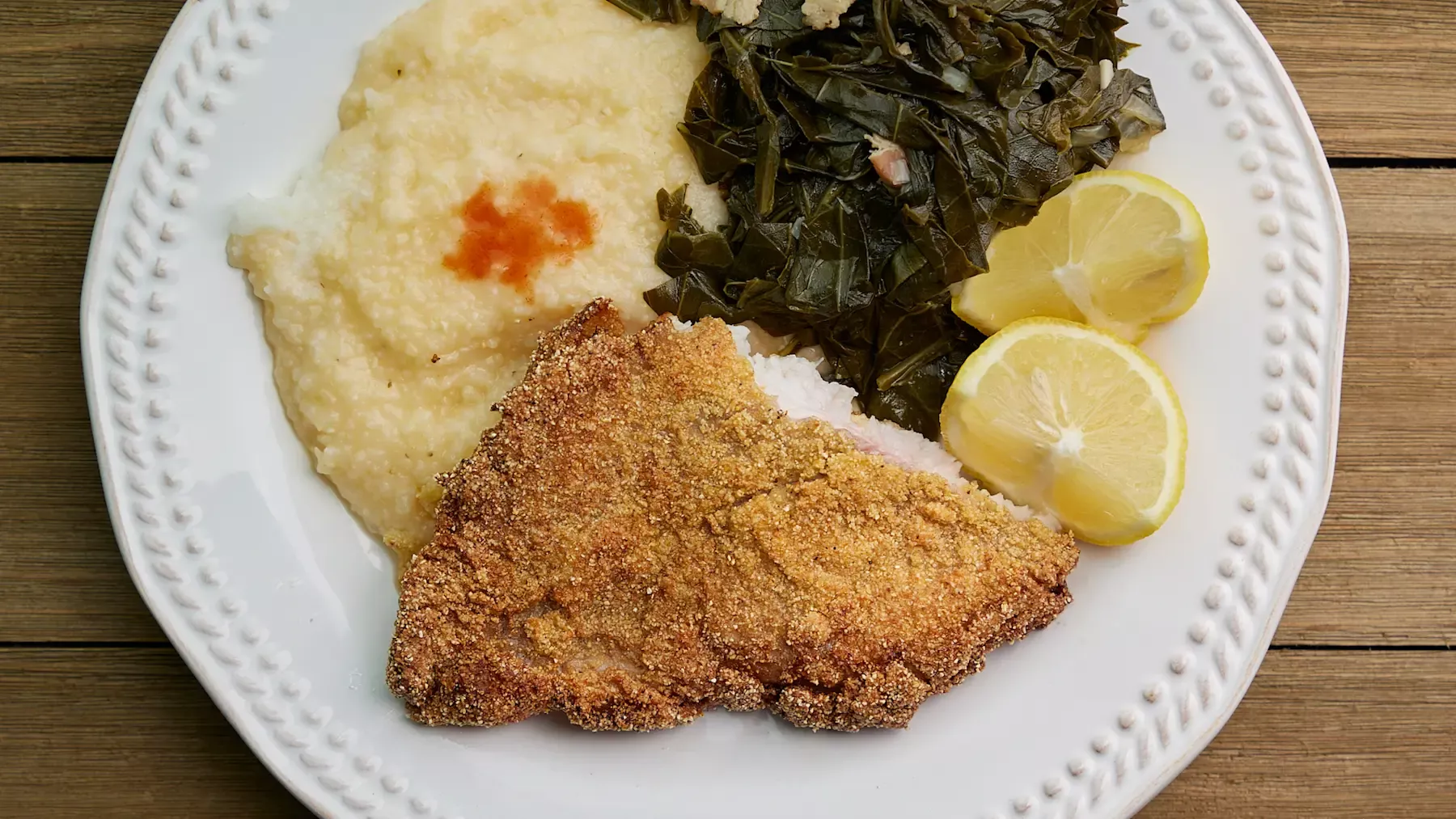 Pan-Fried Catfish with Spiced Grits and Collard Greens