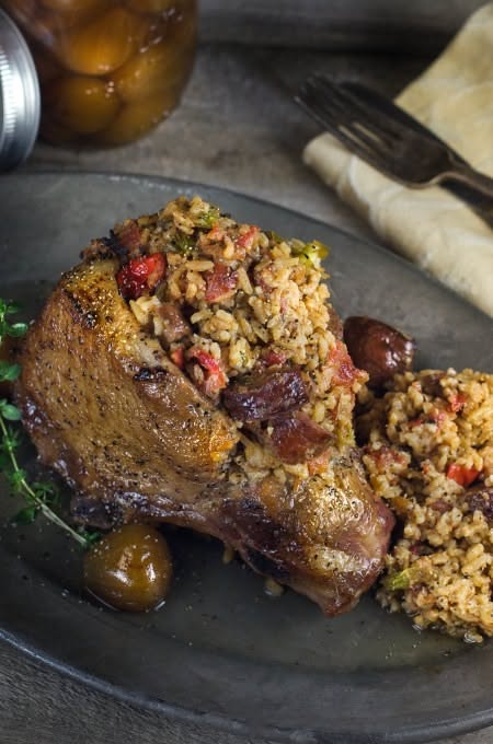 Pan-Seared Pork Chop with Spicy Cajun Boudin Stuffing