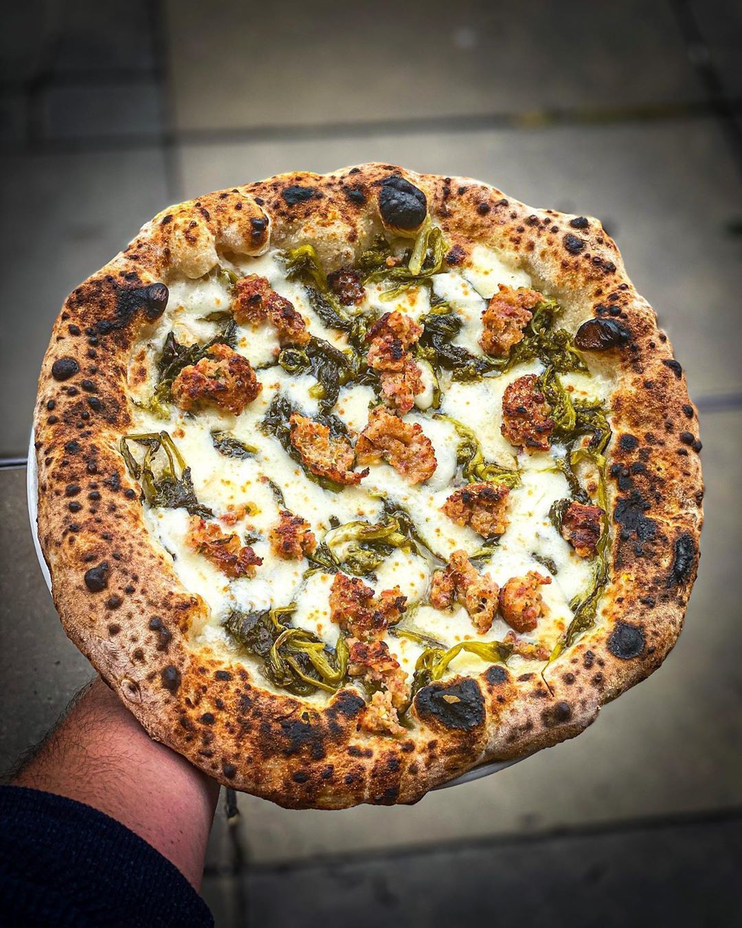Wood-Fired Italian Sausage Pizza with Pickled Peppers and Fresh Mozzarella