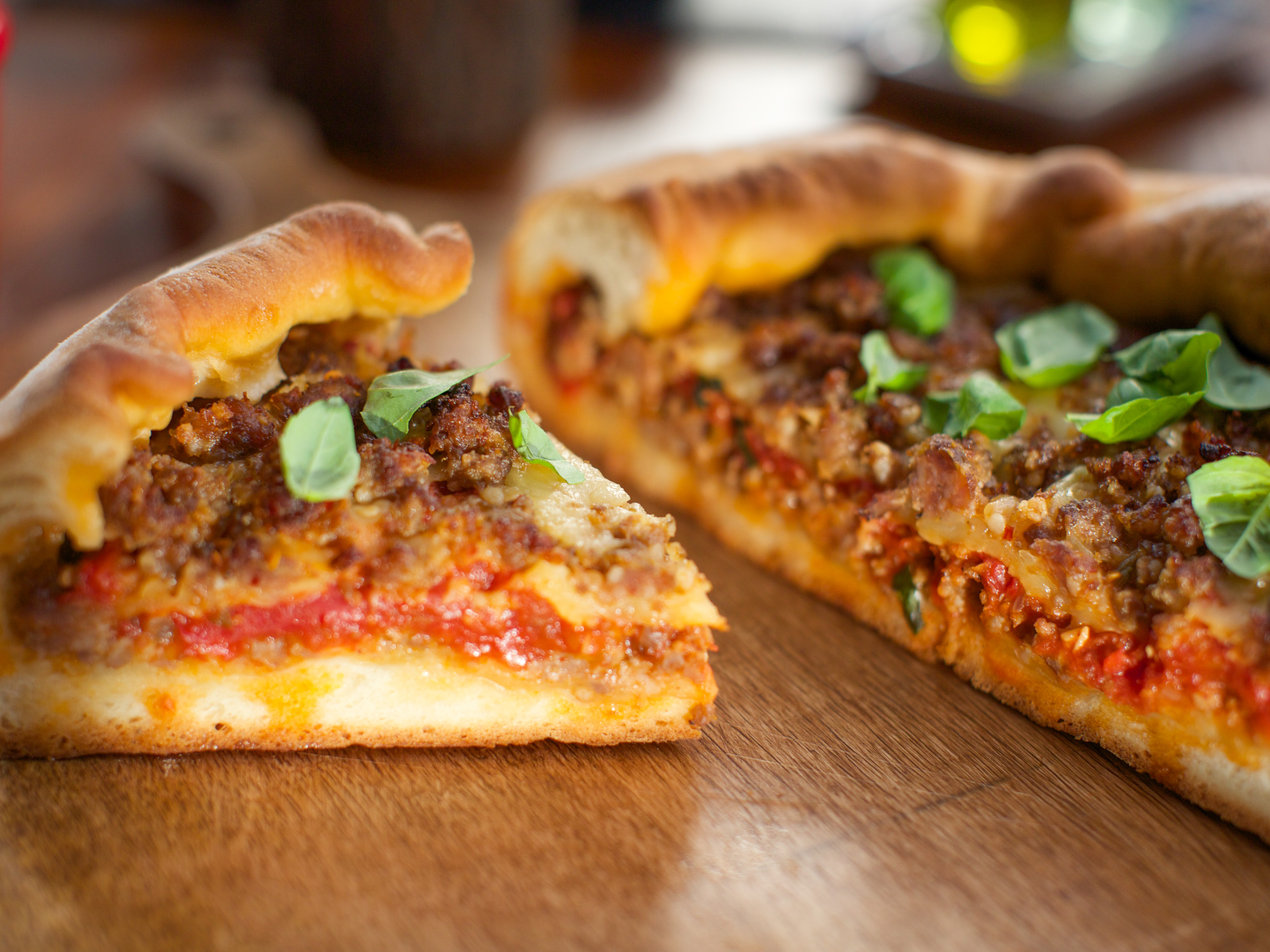 Chicago-Style Deep Dish Pizza with Sausage and Mozzarella