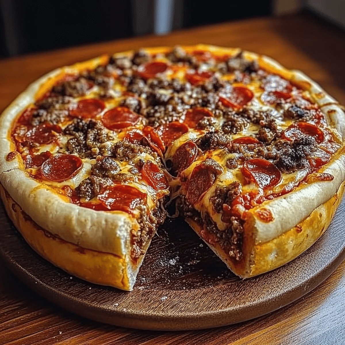 Wood-Fired Chicago-Style Deep Dish Pizza with Sausage and Caramelized Onions