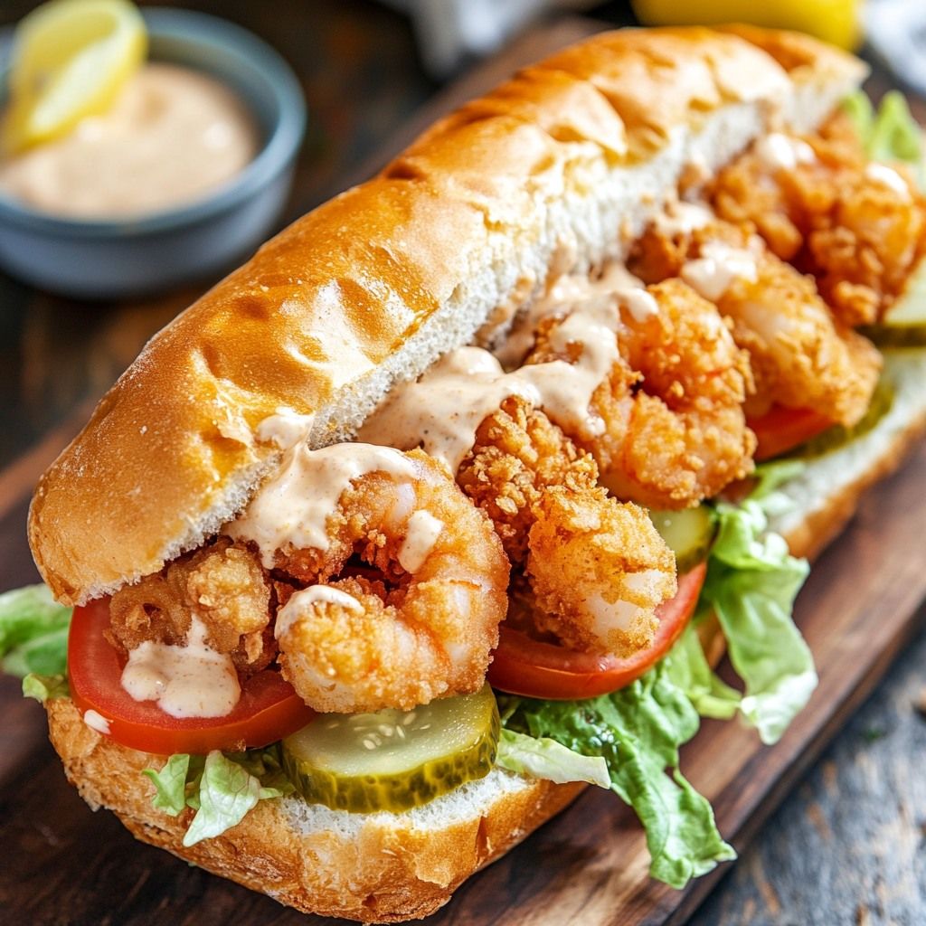 Creole Po'Boy Sandwich with Crispy Fried Shrimp and Remoulade