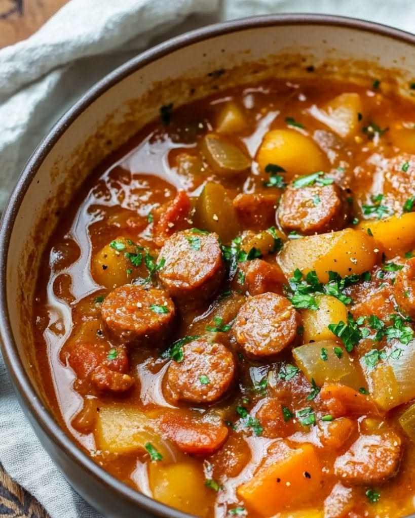 Slow-Cooked Sausage Curry with Potatoes and Tomatoes