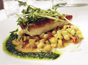 Pan-Seared Lake Michigan Whitefish with Charred Corn and Herb Salsa Verde