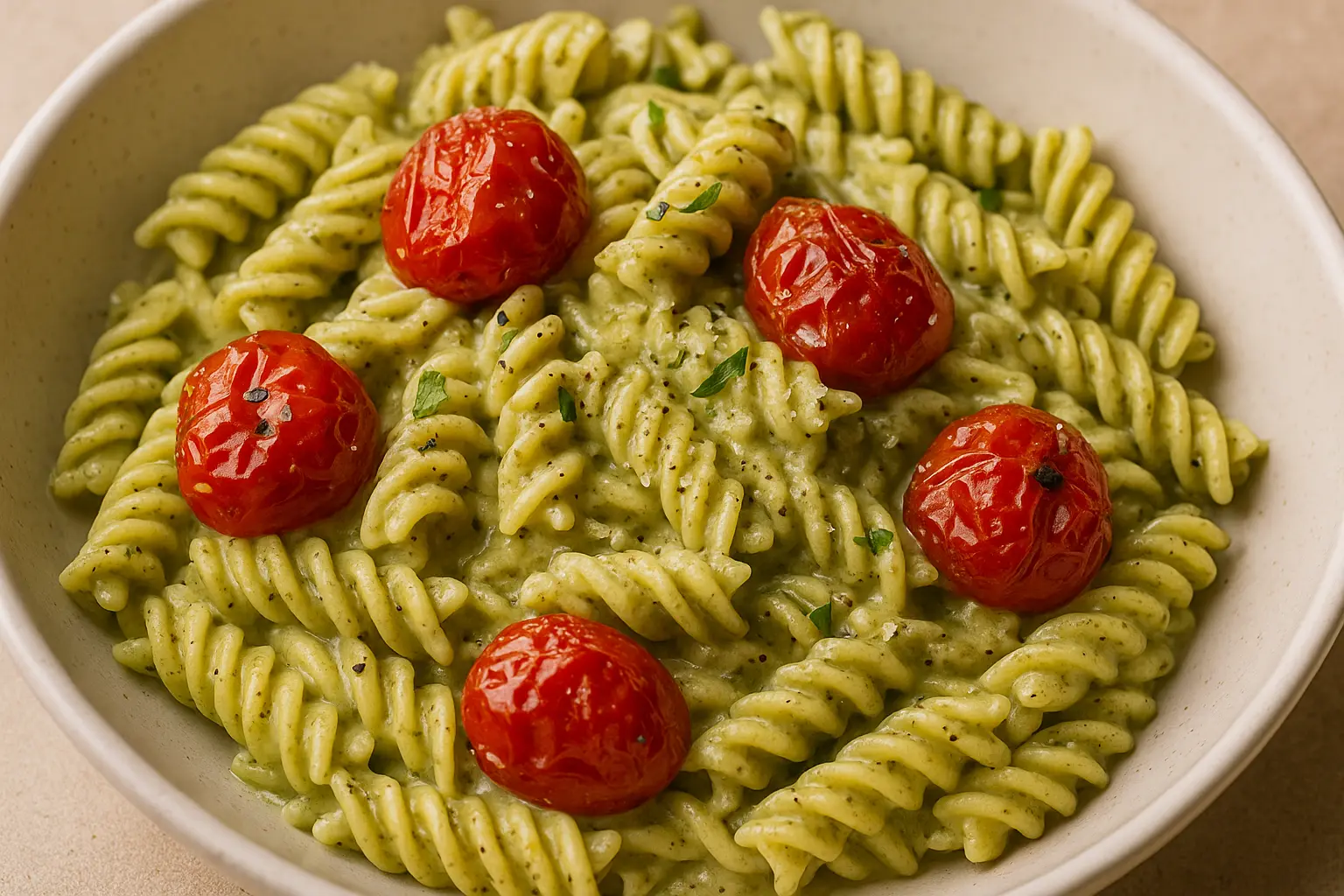 Creamy Garlic Pesto Pasta with Cherry Tomatoes