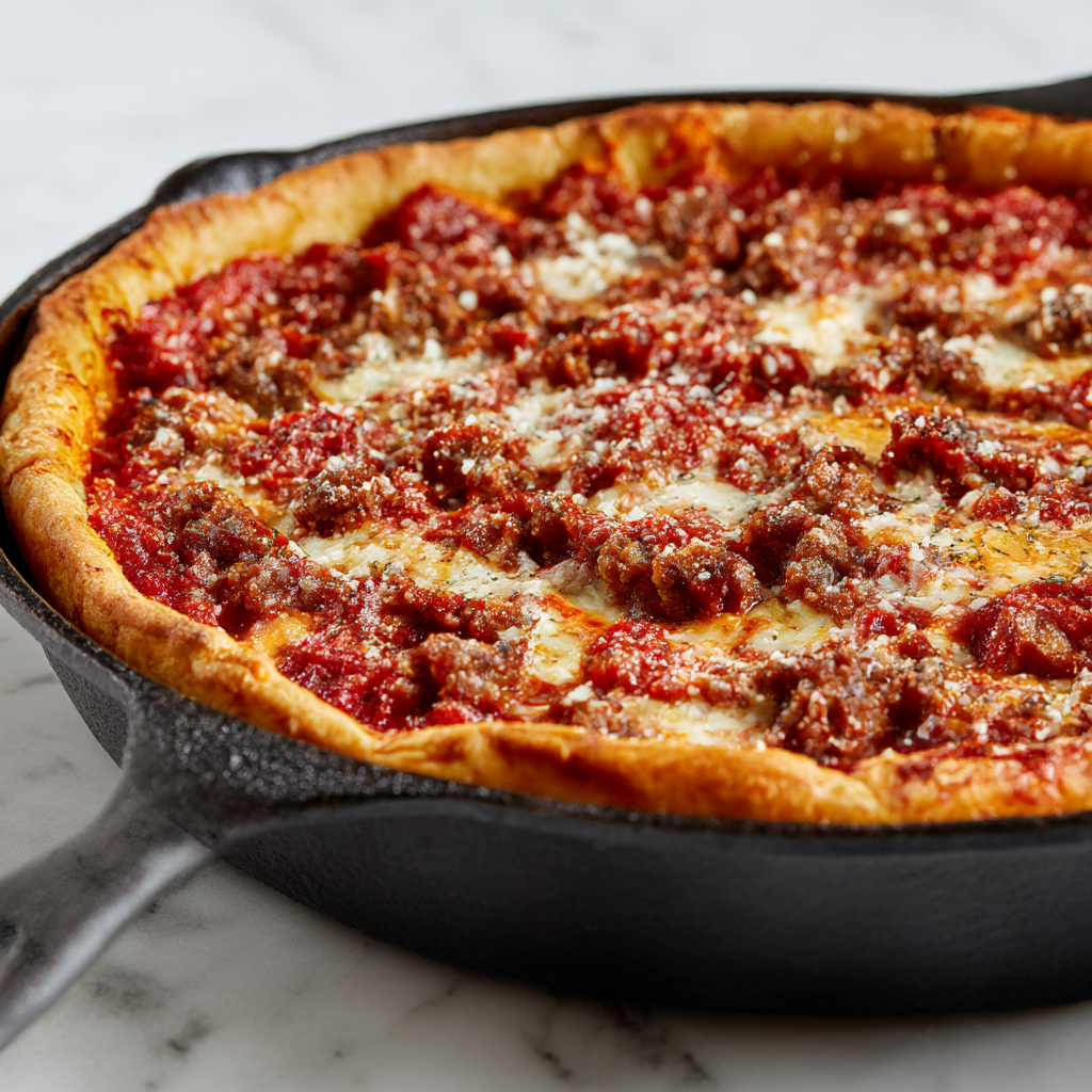 Chicago-Style Deep Dish Pizza with Housemade Sausage and Mozzarella