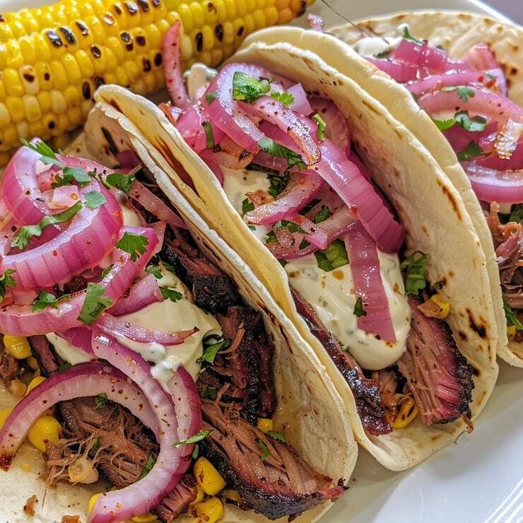 Smoked Brisket Tacos with Pickled Red Onion