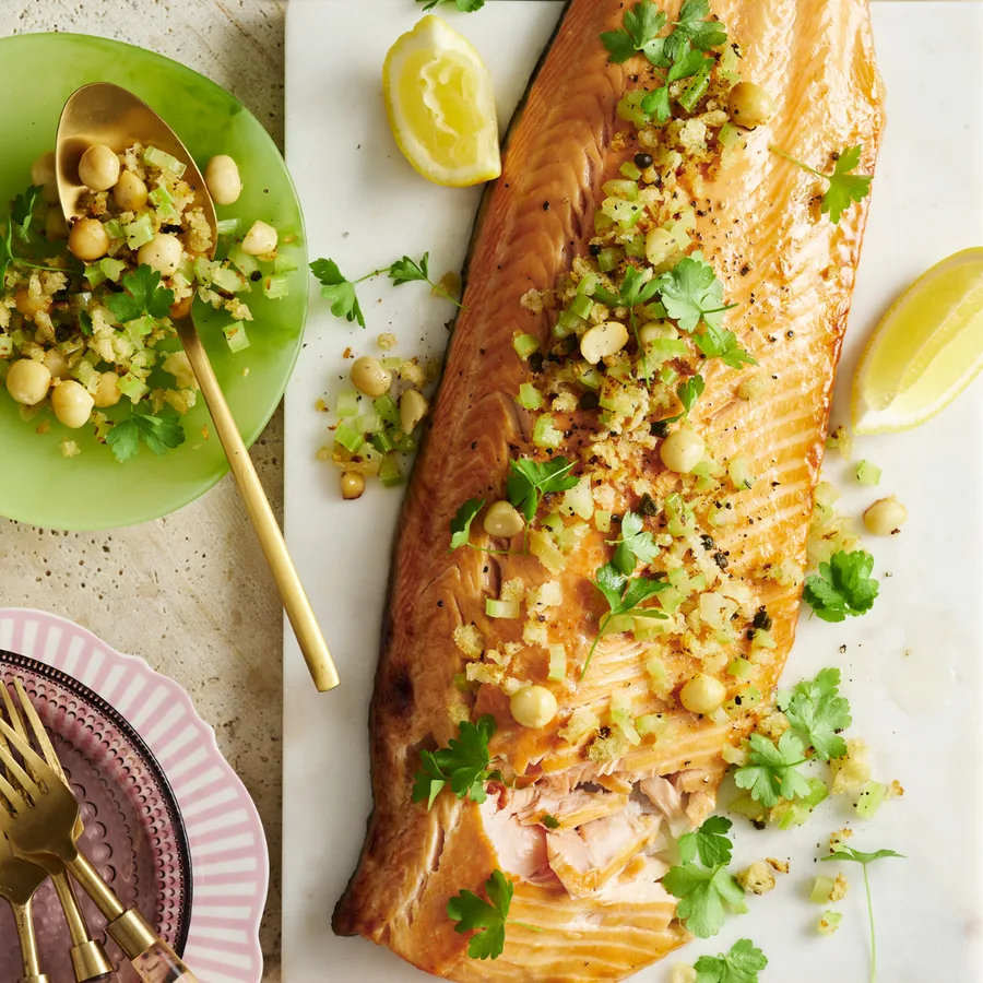 Tasmanian Pepperberry Glazed Salmon with Roasted Macadamia Salad