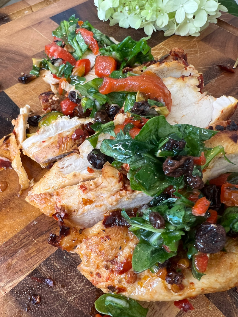 Pan-Seared Chicken Breast with Roasted Red Pepper and Arugula Salad