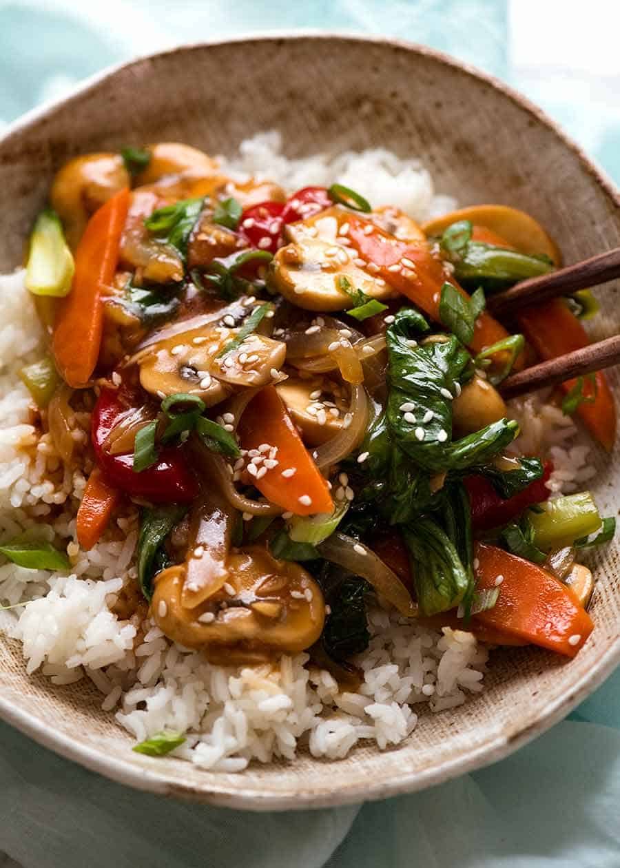 Vegetable Stir-Fry with Spicy Peanut Sauce over Brown Rice