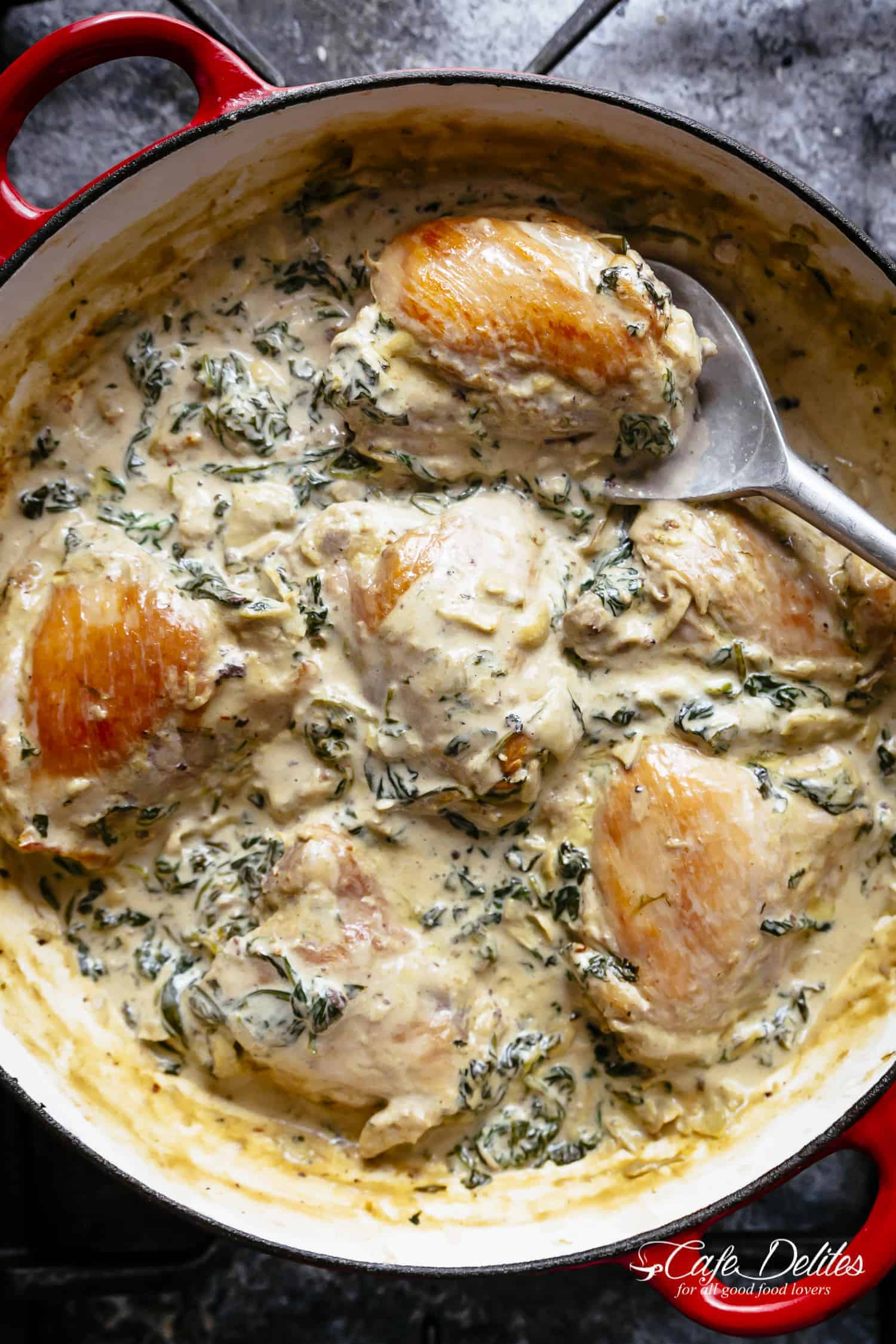 Sautéed Chicken Thighs with Roasted Bell Pepper and Spinach