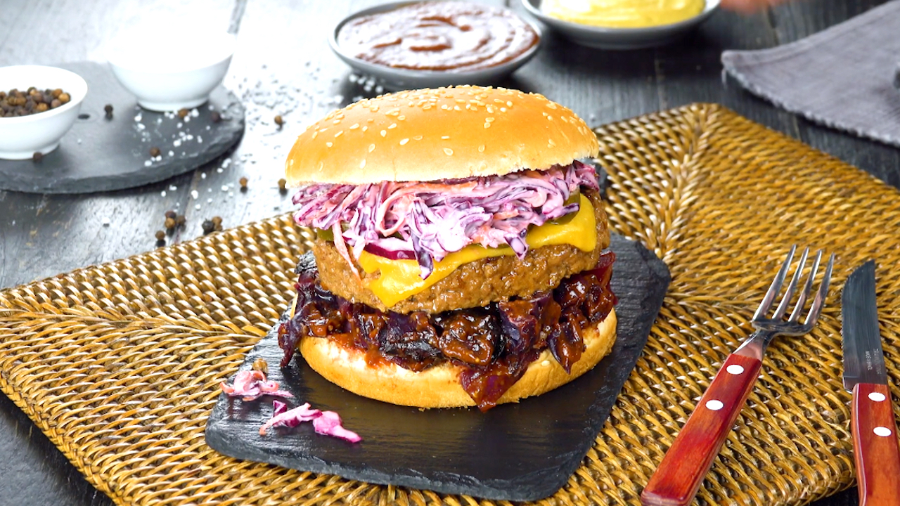 Grilled Beer-Infused Burger with Tangy Pub Slaw