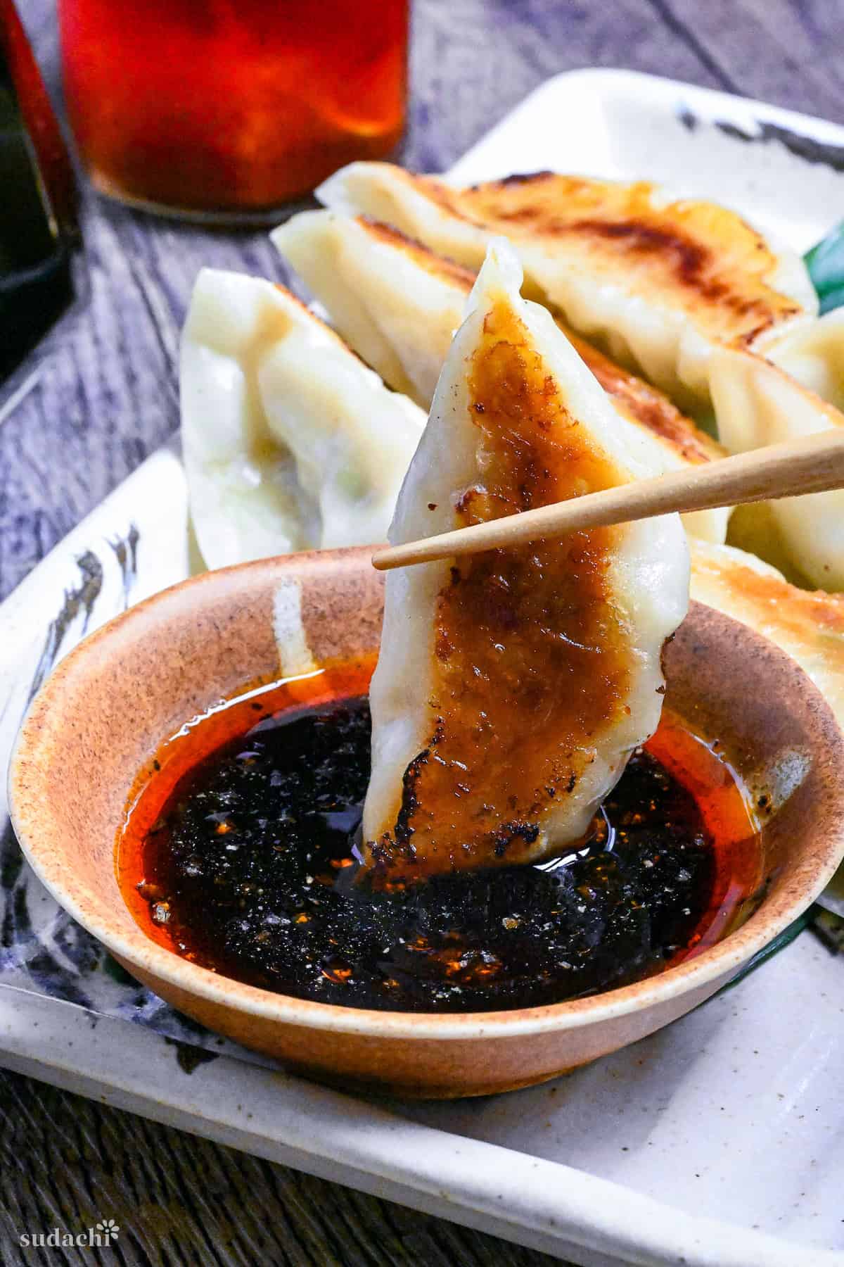 Japanese Pan-Fried Pork Gyoza with Ginger Soy Dipping Sauce