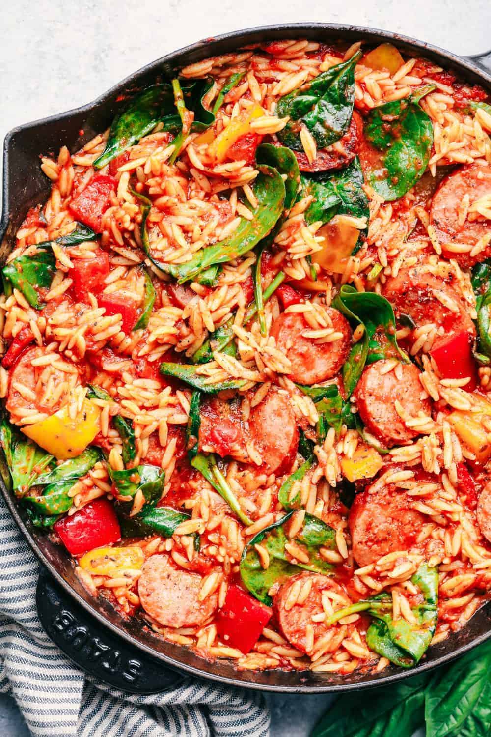 One-Pot Italian Sausage and Tomato Orzo with Spinach