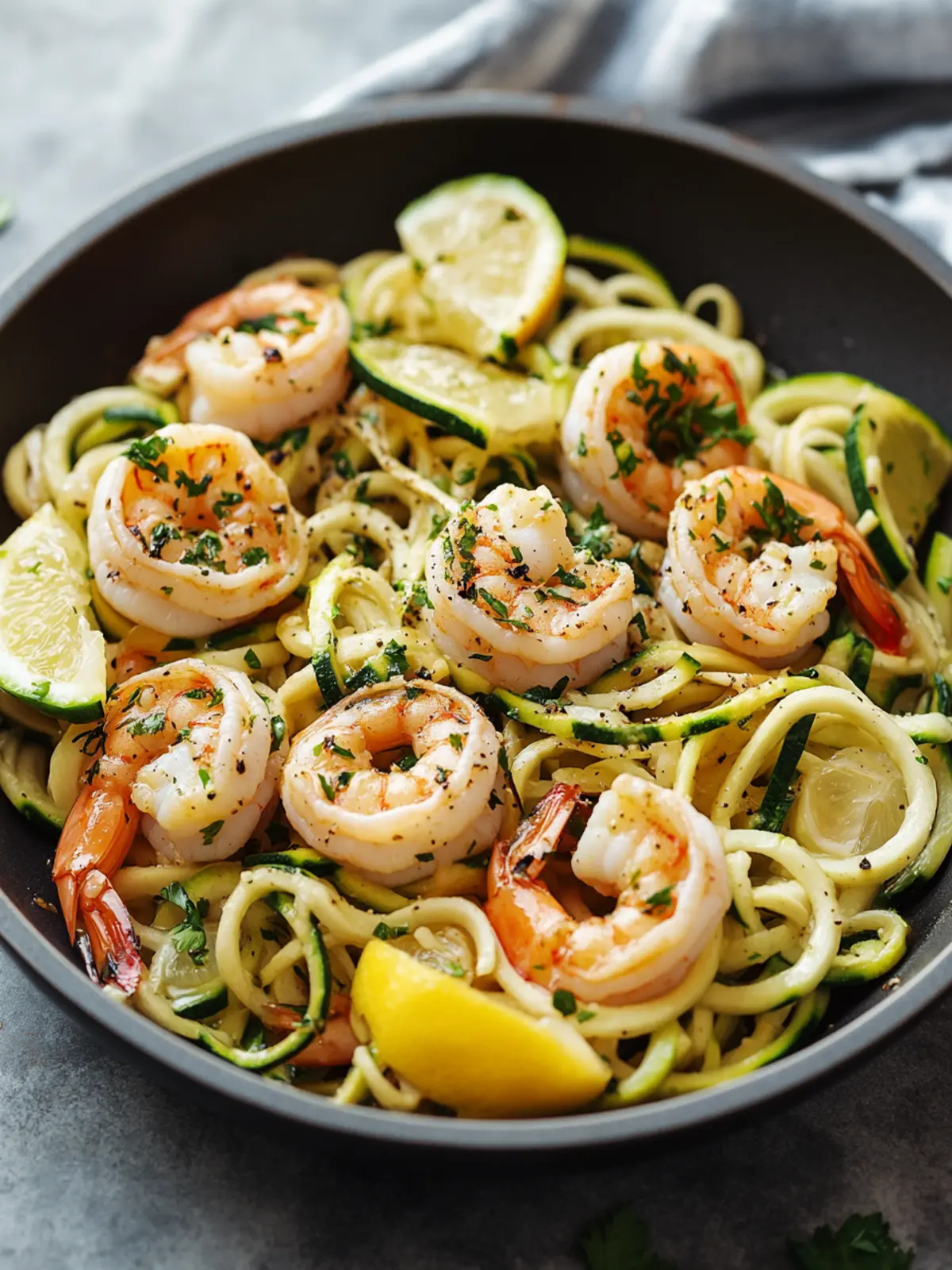Sautéed Zucchini Noodles with Garlic Shrimp and Basil
