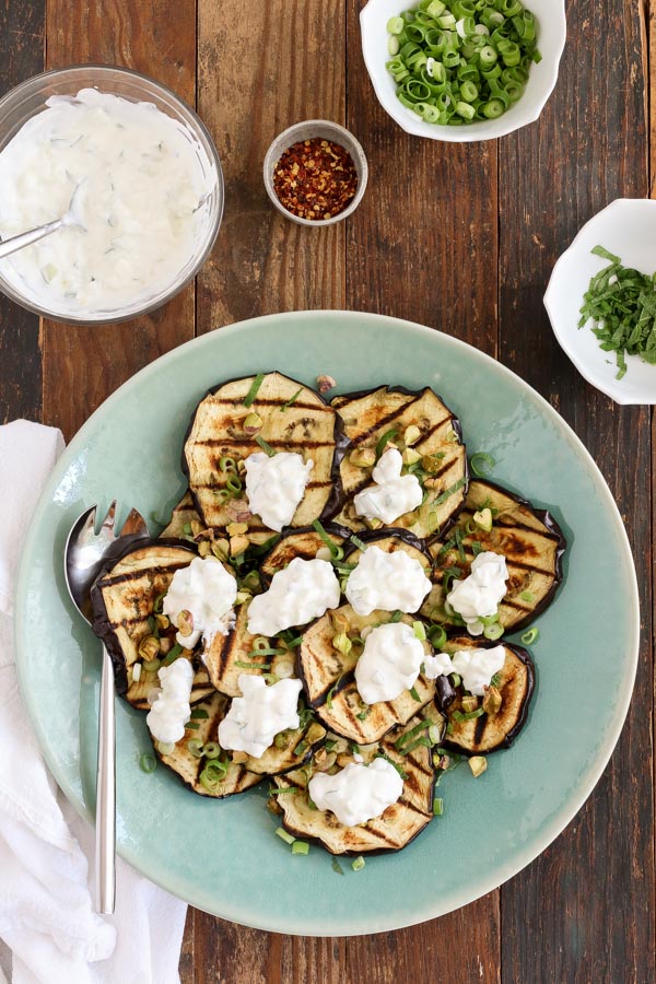 Grilled Eggplant Slices with Tzatziki and Mint