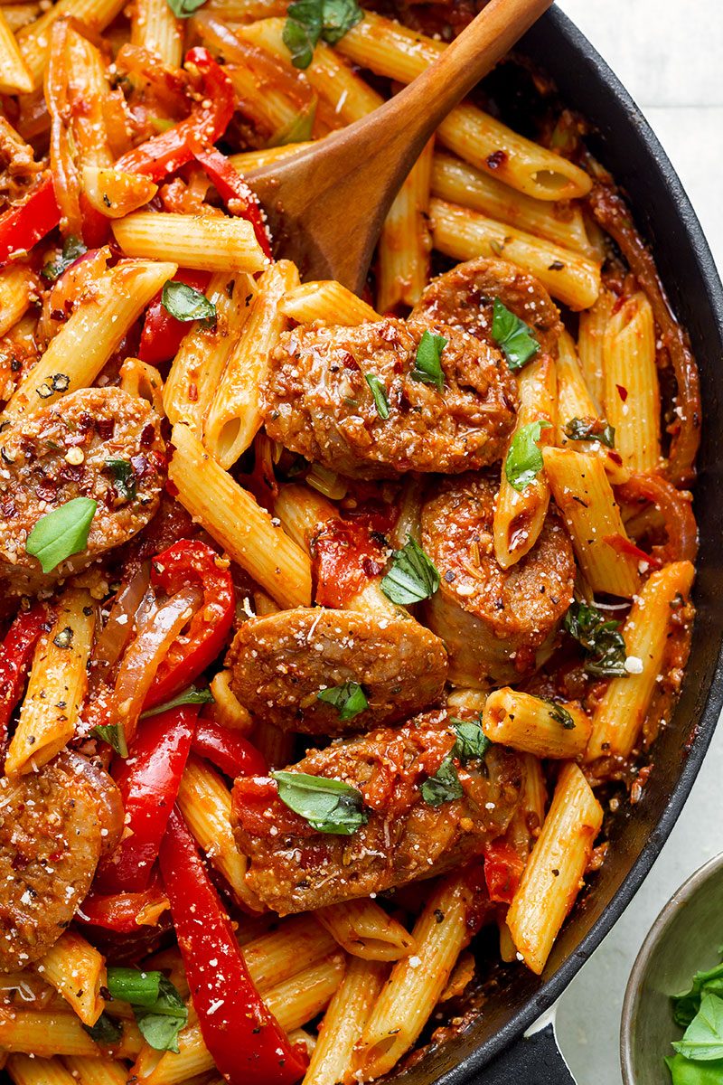 One-Pot Spicy Sausage and Penne with Roasted Red Pepper Sauce