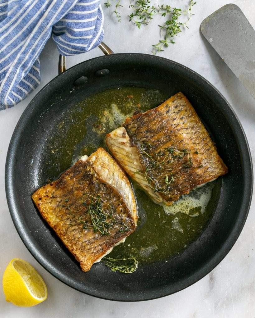 Barramundi Fillets Pan-Seared with Finger Lime and Dill Butter