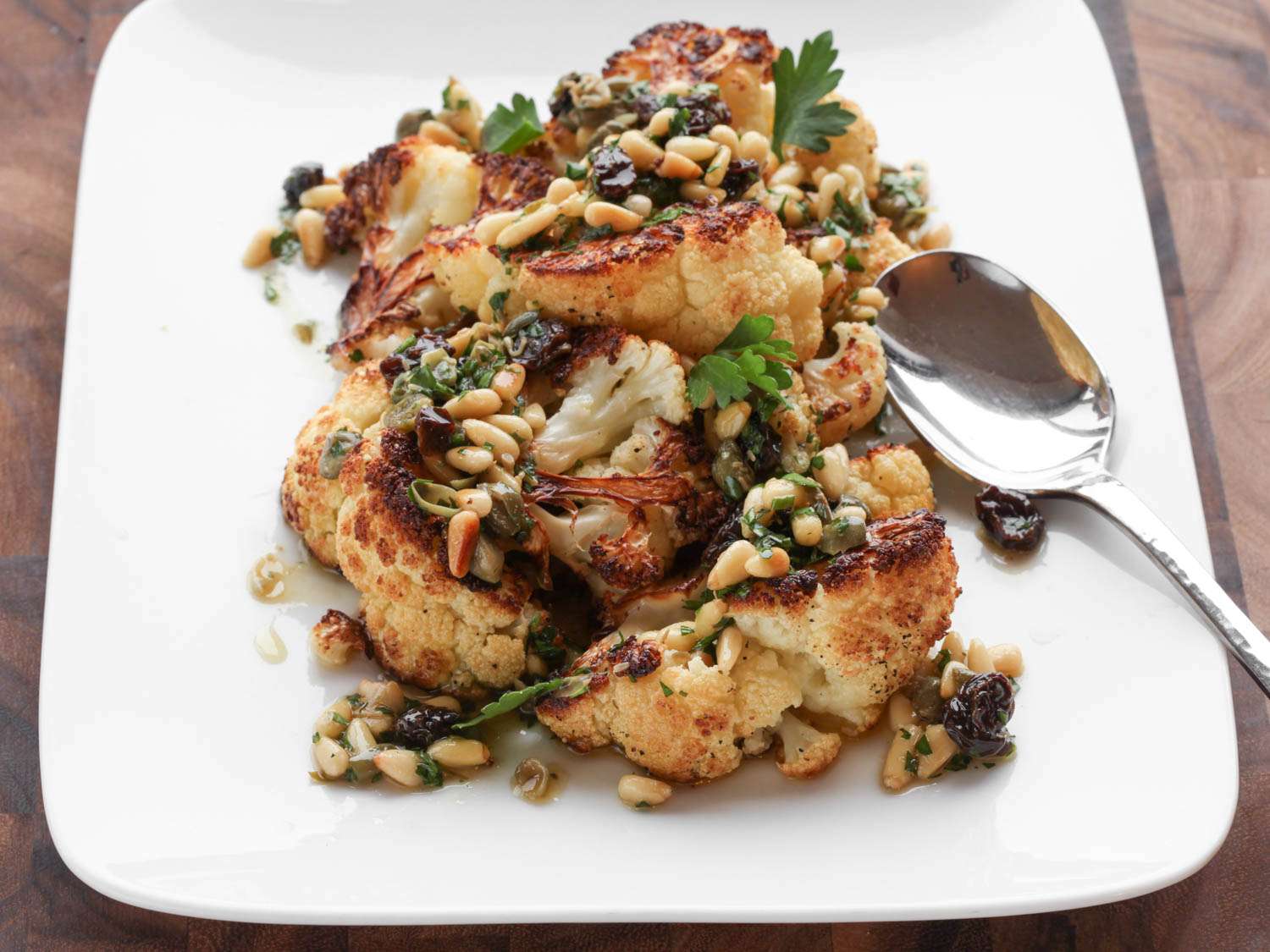 Lemon-Tahini Roasted Cauliflower with Pine Nuts
