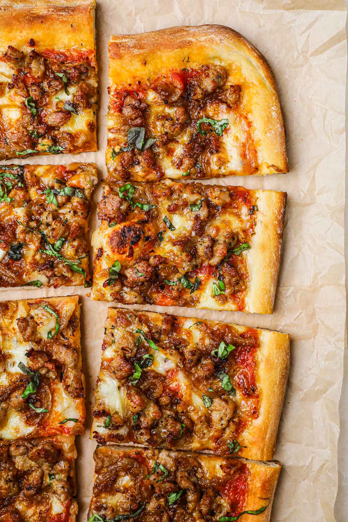 Detroit-Style Pan Pizza with Caramelized Onions and Italian Sausage